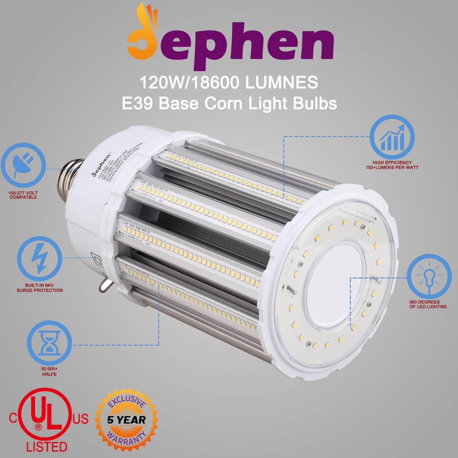 120W LED Corn Bulb-E39 Mogul Base, 18600Lm 5000K, 900W MH/HID/CFL/HPS Equivalent, UL-Listed Dephen