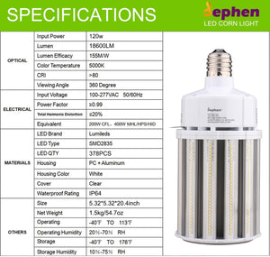 120W LED Corn Bulb-E39 Mogul Base, 18600Lm 5000K, 900W MH/HID/CFL/HPS Equivalent, UL-Listed - Dephen