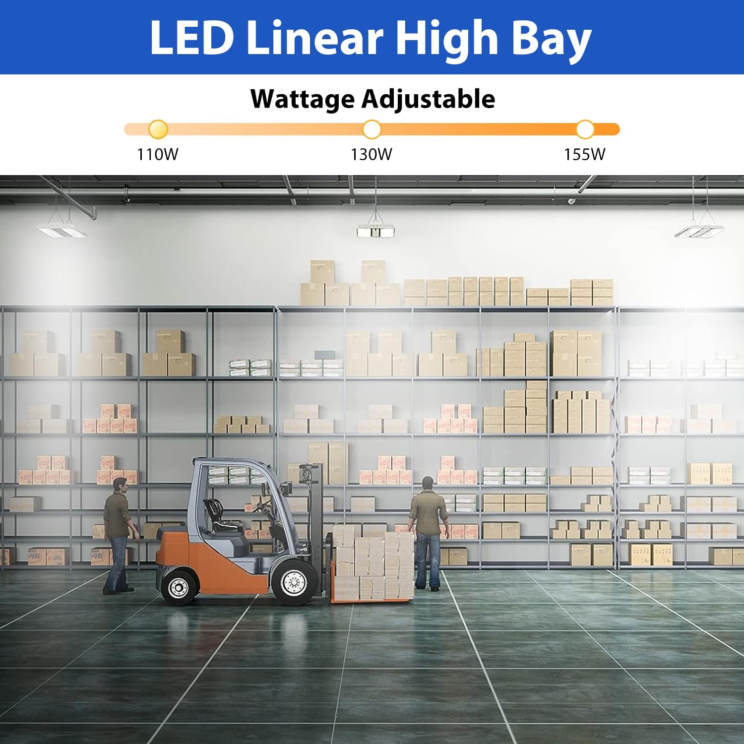 155W LED Linear High Bay Light - 23256LM LED Shop Light 155W/130W/110W Wattage Adjustable 4000K/5000K Color Tunable UL-Listed Dephen