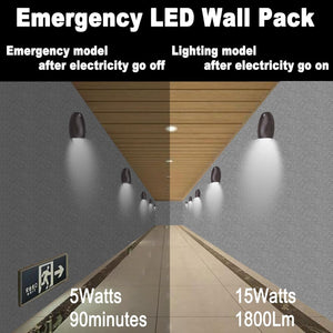 15W LED Emergency Wall Pack Light with Battery Backup and Photocell, Dusk to Dawn, 3500K/4000K/5000K Adjustable, 90 Minutes Security Emergency Lighting Self Test (UL-Listed) Dephen