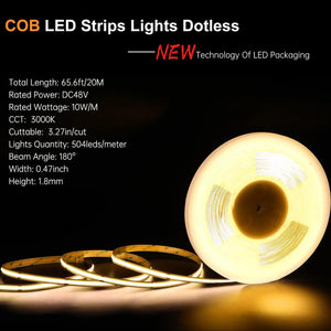 COB LED Strip Lights, 65.6ft/20m 3000K Led Lights Strip, DC48V, CRI90+ - Dephen