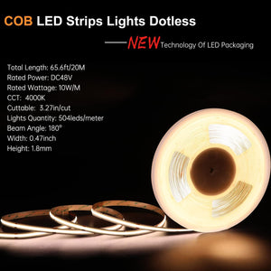 COB LED Strip Lights 65.6ft/20m, 4000K White, DC48V, CRI90+ - Dephen