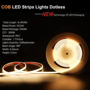UL-Listed Outdoor LED Strip Lights, 16.4ft 3000K COB Lights Strip 528LEDS/m 24V, IP67 Waterproof - Dephen