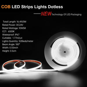 UL-Listed Outdoor LED Strip Lights, 16.4ft 5700K COB Lights Strip 528LEDS/m 24V, IP67 Waterproof - Dephen