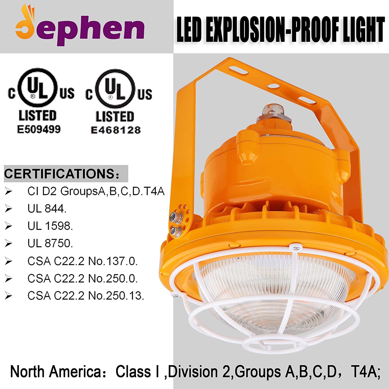 60W LED Explosion Proof Light 8400 Lumen 5700K, UL 844 Certified Class I Division II High Bay Warehouse Lighting - Dephen