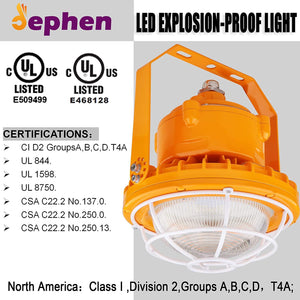 60W LED Explosion Proof Light 8400 Lumen 5700K, UL 844 Certified Class I Division II High Bay Warehouse Lighting - Dephen