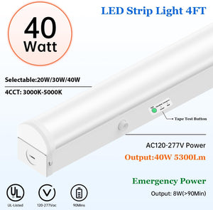 4FT LED Emergency Linear Strip Light with Battery Backup, 20W/30W/40W Selectable LED Shop Light, 5280Lumens 4 CCT Tunable 3000-5000K UL-Listed Dephen