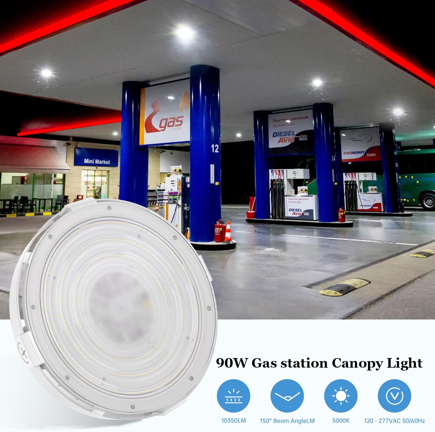 90W Round LED Canopy Lights, 5000K Garage Ceiling Lighting, 10350Lumens Low Bay AC120-277V Flood Lamp for Parking Gas Station Barn Warehouse Storage (UL-Listed) Dephen