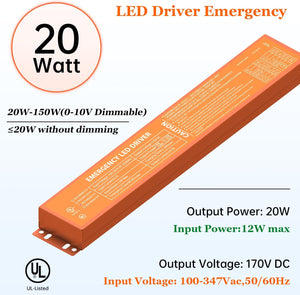 Emergency LED Driver 20W, Rechargeable Battery Backup Driver 100V-347VAC, Over 90mins Emergency Time, UL Listed Dephen