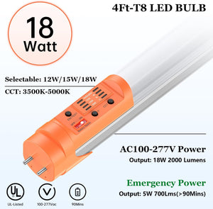 Emergency T8 LED Tube 4ft with Battery Backup, 3500K/4000K/5000K CCT and 12W/15W/18W Adjustable, Dual Ended G13 LED Bulb Integrate 5W 700LM 90min, UL-Listed Dephen