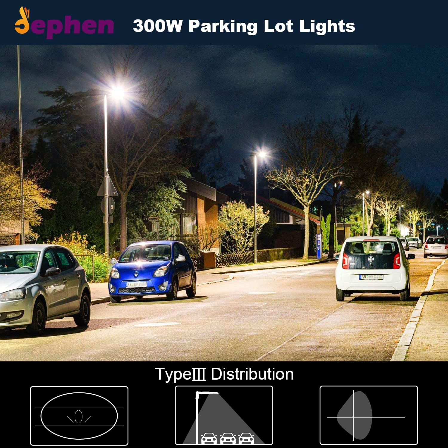 300W LED Parking Lot Light with Photocell - 42000LM 5700K with Pole & Wall Mount, 120-277V UL-Listed Dephen