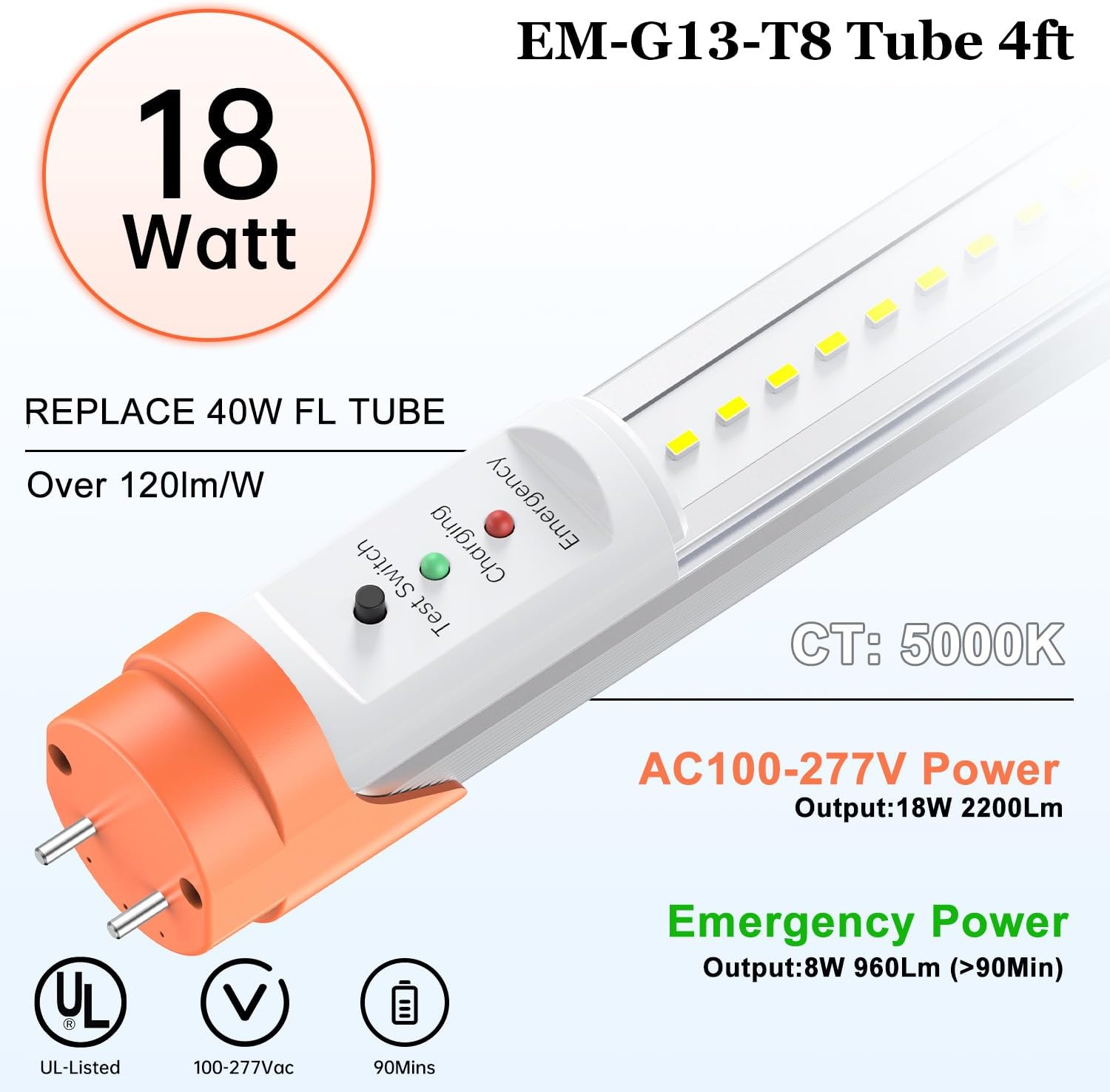 Emergency T8 LED Tube 4ft with Battery Backup, 5000K 18W Aluminium Dual Ended G13 Tube Bulbs Integrate 8W 960LM 90min Emergency Lighting, UL-Listed Dephen