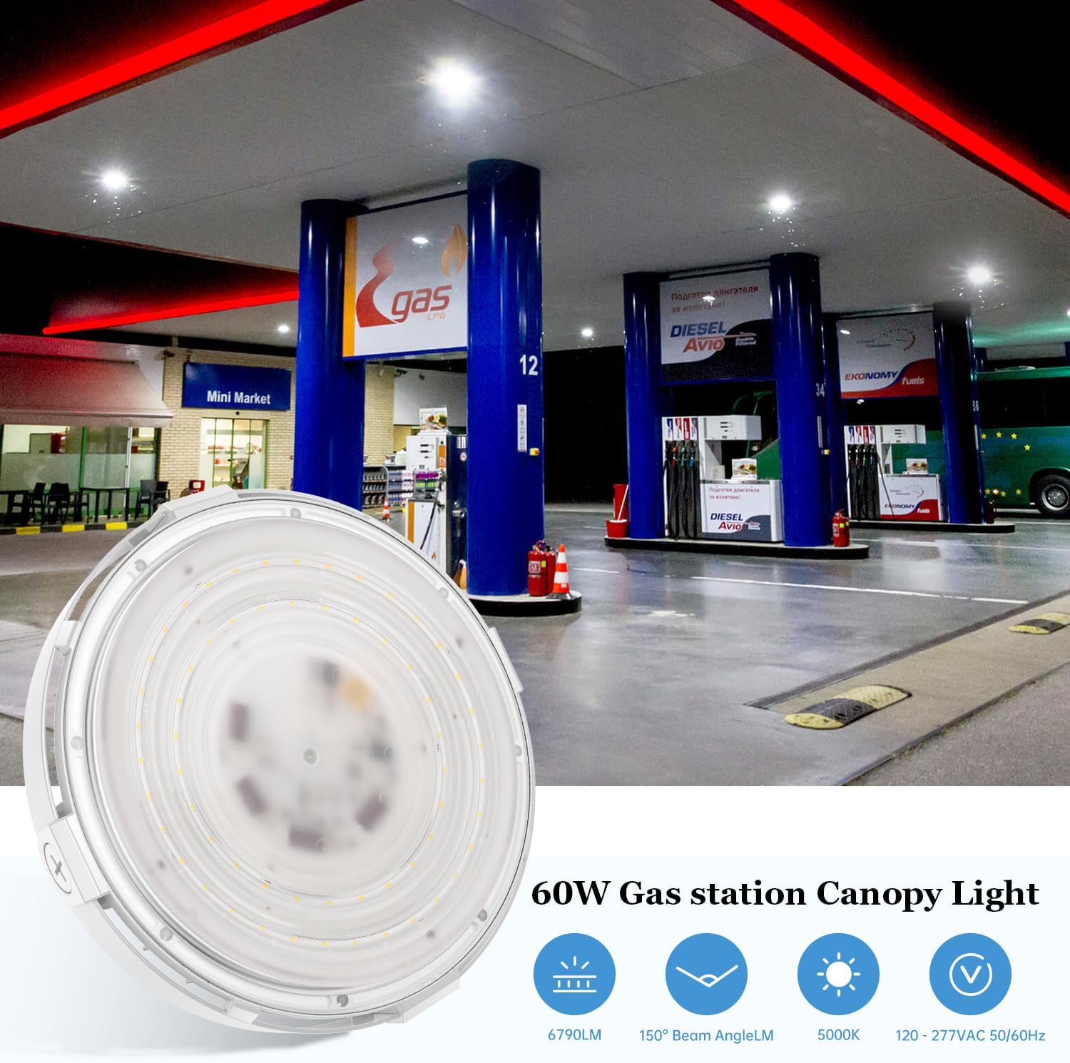 60W Round LED Canopy Lights, 5000K Garage Ceiling Lighting, 6900Lumens AC120-277V for Parking Gas Station Barn Warehouse Storage (UL-Listed) Dephen