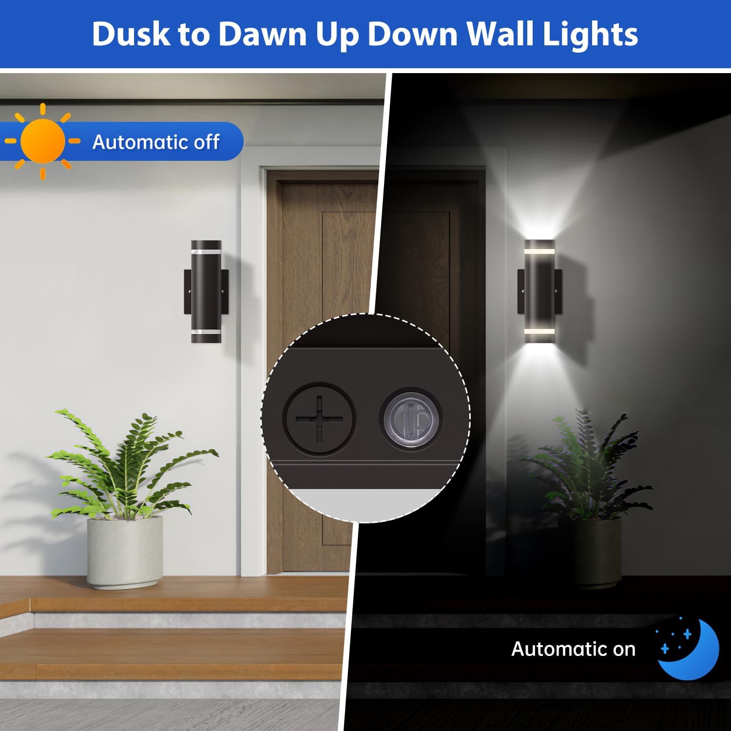 Dusk to Dawn Up and Down Wall Light Outdoor, Modern Integrated LED Cylinder Wall Sconce, 3000K/4000K/5000K CCT, 10W/20W/30W Dephen