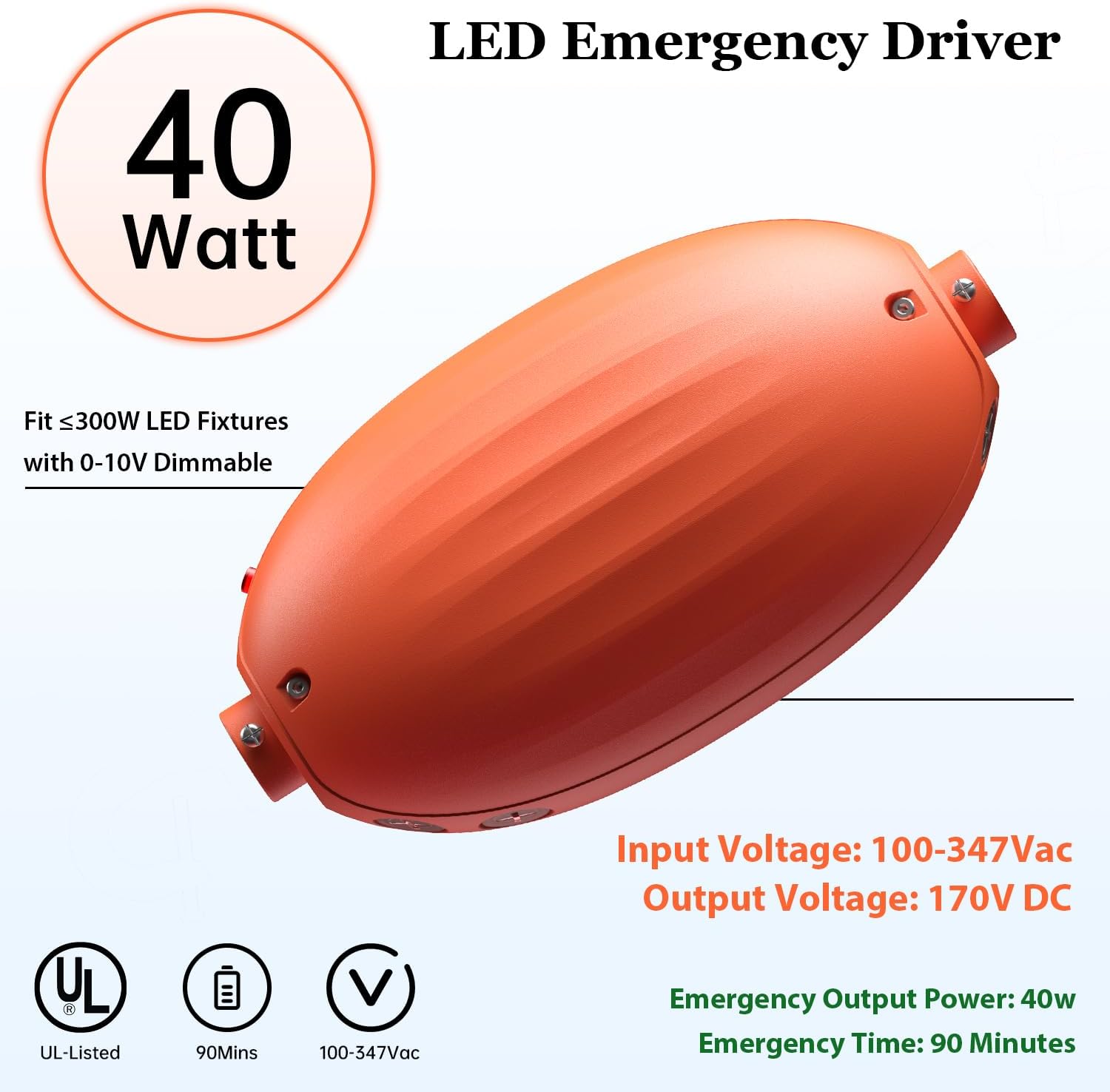 40W Emergency LED Driver for Dimmable UFO High Bay Light,Battery Backup Driver with Remote Control,Input 100V-347Vac Output 170Vdc,90mins Emergency Time,Auto Test,UL Listed Dephen