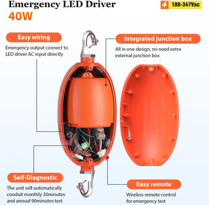 40W Emergency LED Driver for Dimmable UFO High Bay Light,Battery Backup Driver with Remote Control,Input 100V-347Vac Output 170Vdc,90mins Emergency Time,Auto Test,UL Listed Dephen