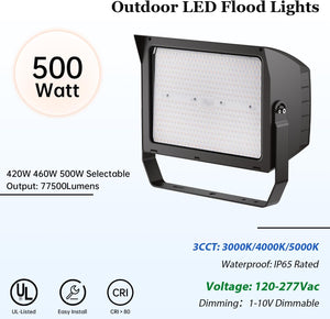 500W LED Flood Light Outdoor, Dusk to Dawn Arena Lighting 55° to 90° Beam Angle Adjustable, 3000K/4000K/5000K Parking Lot, 500W/460W/420W Tunable Stadium Lamp, 120-277Vac,UL-Listed Dephen