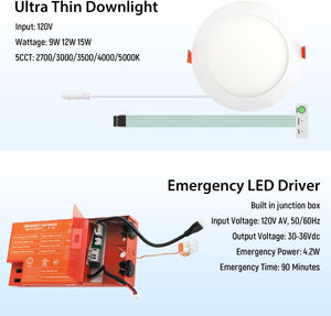 6 Inch LED Emergency Recessed Light with 90 Min Battery Backup, 5CCT 2700-5000K Ultra-Thin Round Downlight, 9W/12W/15W Tunable Commercial Ceiling Lighting Dephen