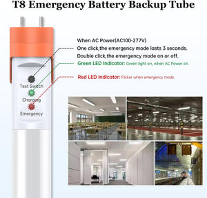 Emergency T8 LED Tube 4ft with Battery Backup, 5000K 18W Aluminium Dual Ended G13 Tube Bulbs Integrate 8W 960LM 90min Emergency Lighting, UL-Listed Dephen