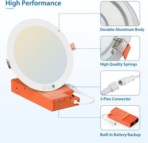 6 Inch LED Emergency Recessed Light with 90 Min Battery Backup, 5CCT 2700-5000K Ultra-Thin Round Downlight, 9W/12W/15W Tunable Commercial Ceiling Lighting Dephen