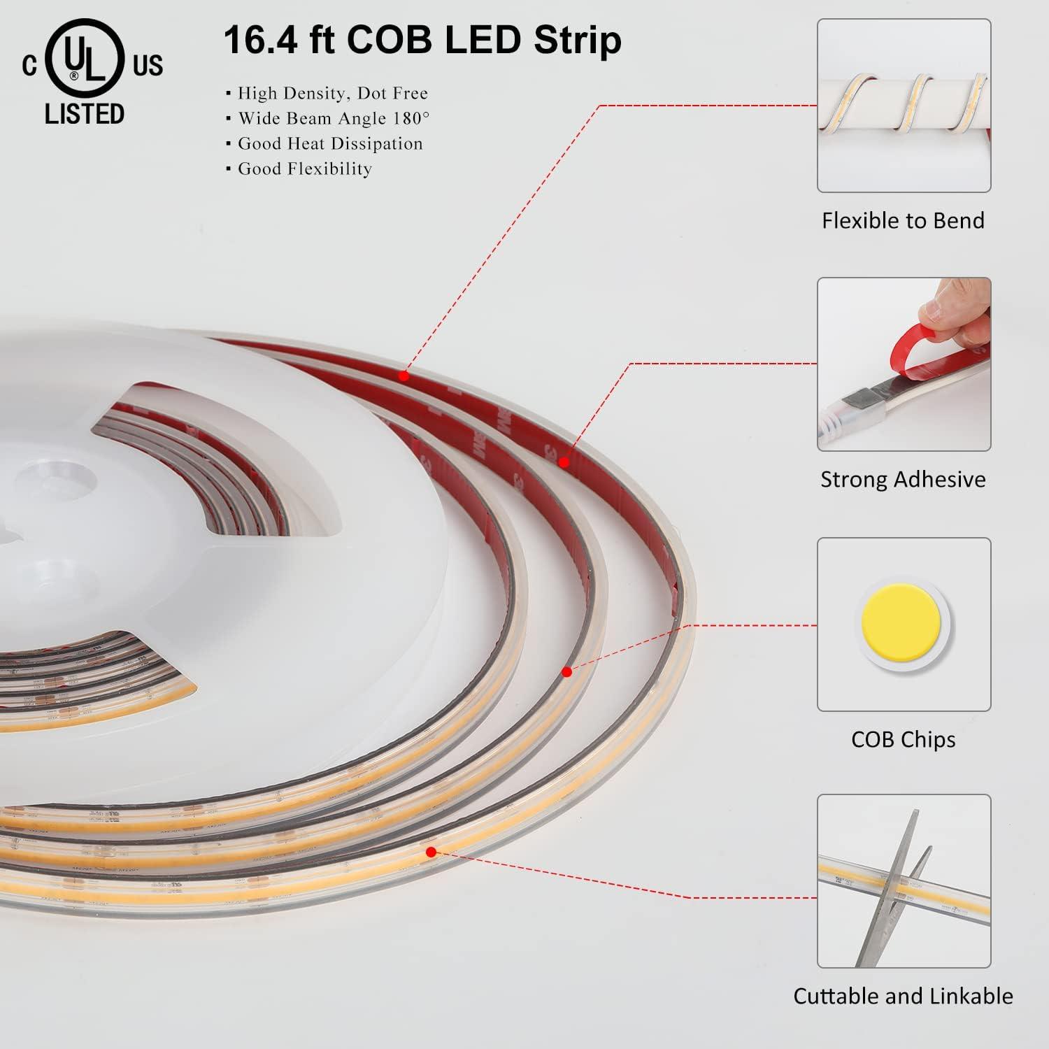 dephen UL-Listed COB LED Strip Lights - 5m/16.4ft COB LED Strip 4000K  5500Lm CRI 90+ LED Light Strip, 528LEDs/M Tape Light, DC24V LED Strip  Lights for