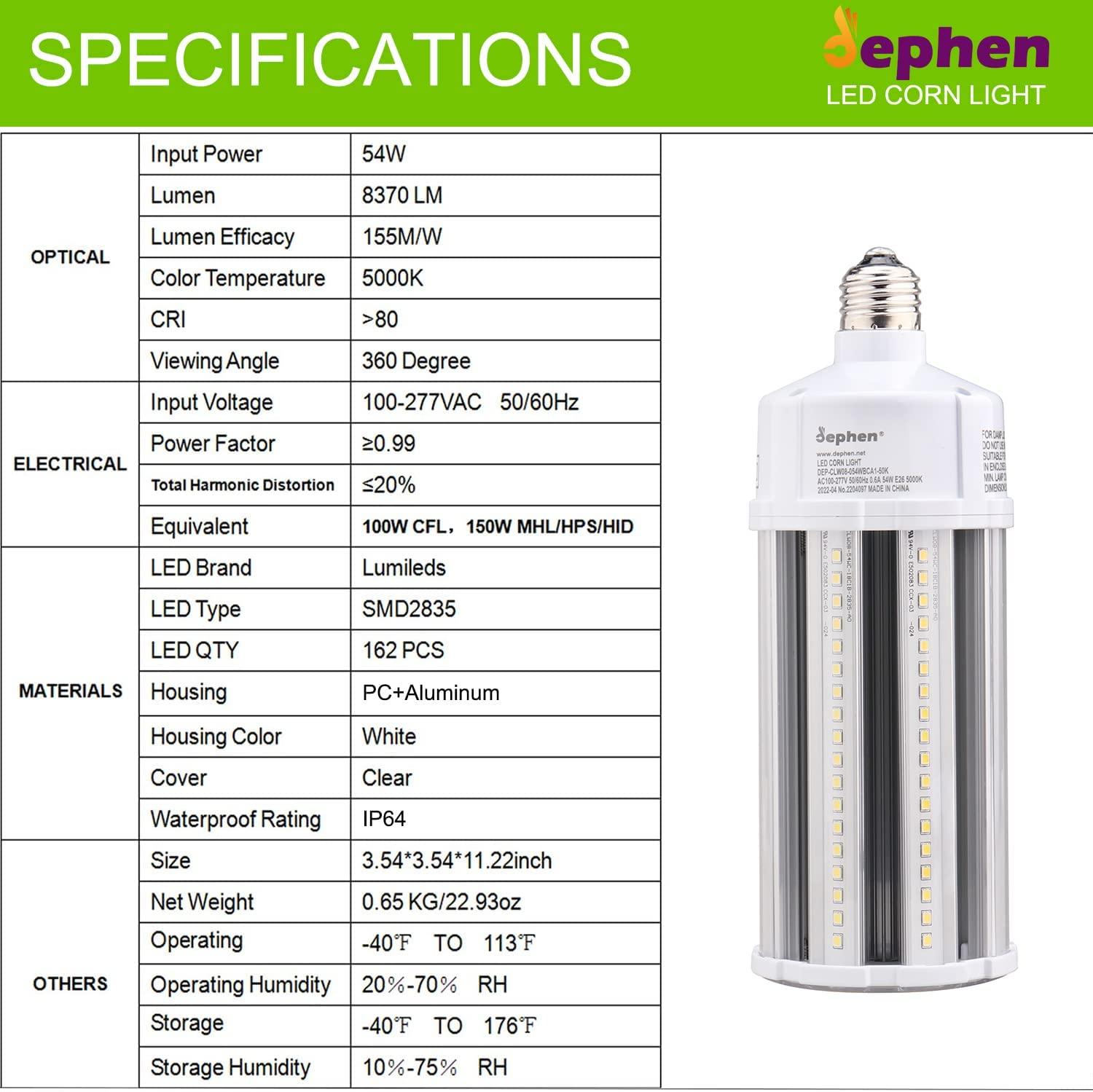 54W LED Corn Light Bulb 8370Lm With E26 Base 5000K - Dephen