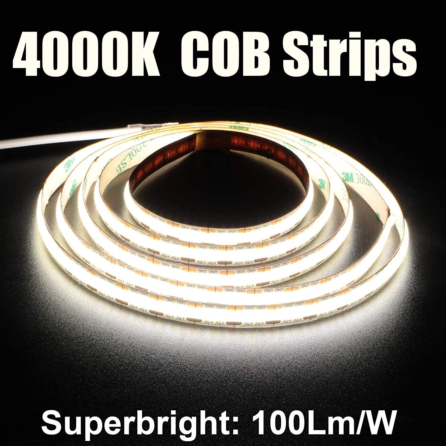 dephen UL-Listed COB LED Strip - 5m/16.4ft LED Strip Lights 3000K 5500Lm  CRI 90+ LED Light Strip, 528LEDs/M Tape Light, DC24V LED Strip Lights for