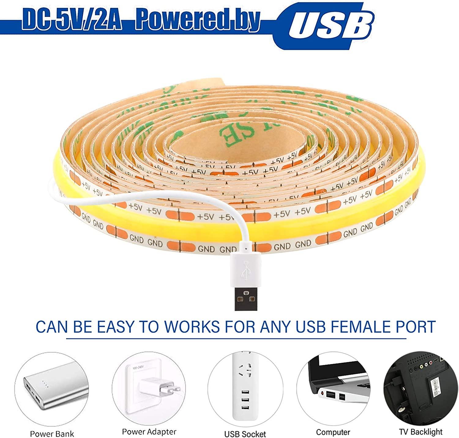 USB 5V LED Strip Lights Warm White 5ft, 480 LEDs COB Strip Light - Dephen